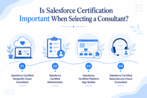 Infographic listing 4 Salesforce certifications: Nonprofit Cloud Consultant, Administrator, Platform App Builder, Sales Service Cloud Consultant