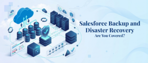 Salesforce backup and disaster recovery banner showing cloud data sync, servers, and shield icons