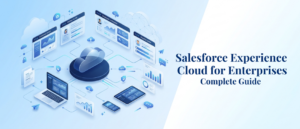 Isometric illustration of Salesforce Experience Cloud showing customer portal, partner portal, and employee workspace connected via cloud with API, analytics, and mobile integrations