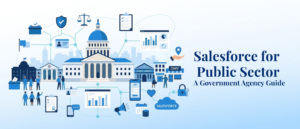 Salesforce for public sector illustration showing government agencies connected through citizen services, compliance, analytics and case management