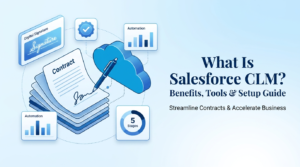 Banner graphic for "What Is Salesforce CLM? Benefits, Tools & Setup Guide" showing a signed contract, digital signature card, cloud icon with pen, automation charts, and a 5-stages icon on a blue background.